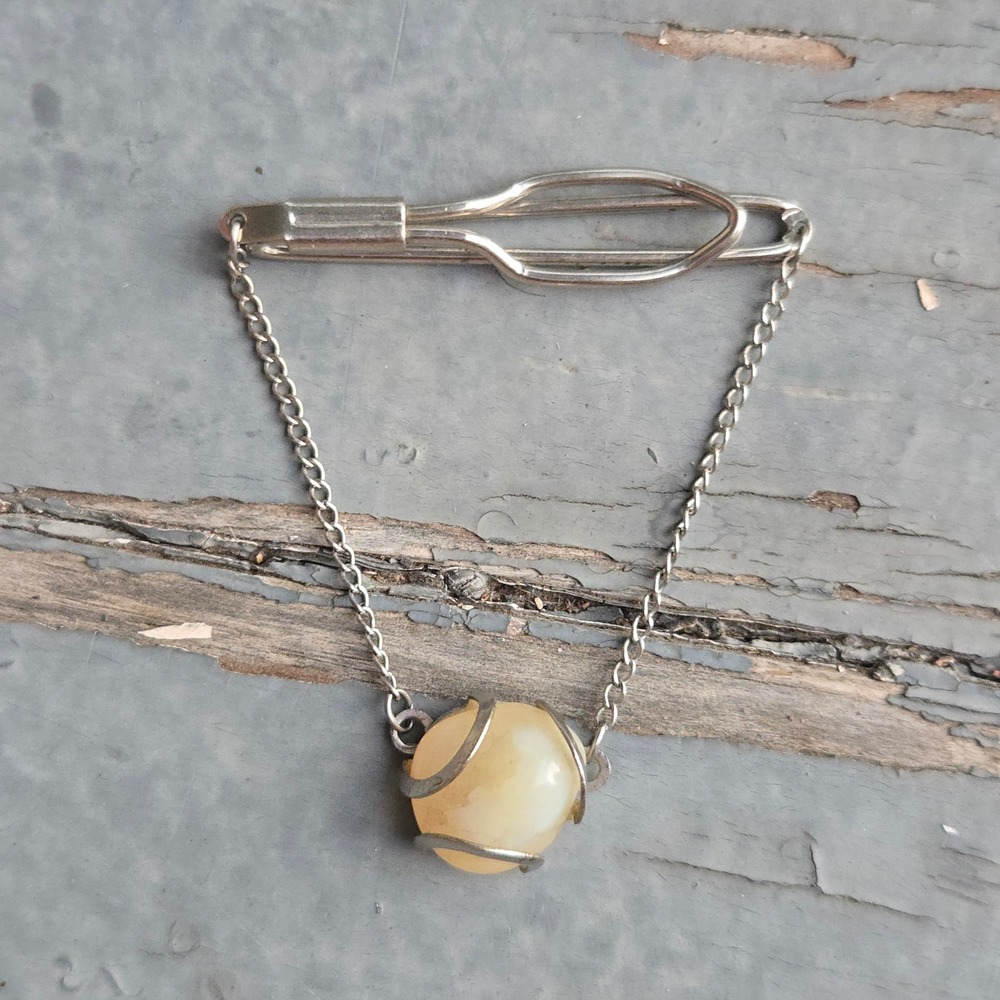 VTG Unbranded Tie Bar Clip Chain Silver Yellow Stone Caged Orb Men Accessory EUC